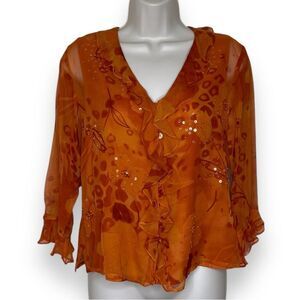 New York City Design Co Silk Floral Ruffle Sequin Pumpkin Top Women Size Small